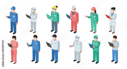 Isometric medical and construction workers in protective gear with masks, holding clipboards