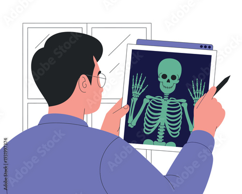 A medical professional examining an x-ray of a human skeleton in a modern clinic or hospital setting.