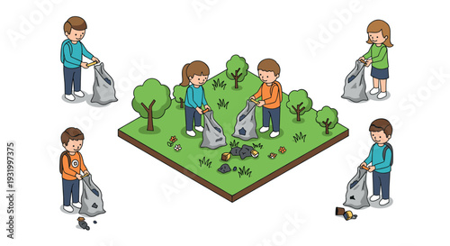 Children cleaning park: cartoon kids collecting trash in nature conservation scene