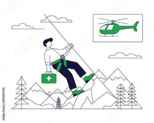 A rescue worker rappels down a mountain with a first aid kit and helicopter in sight
