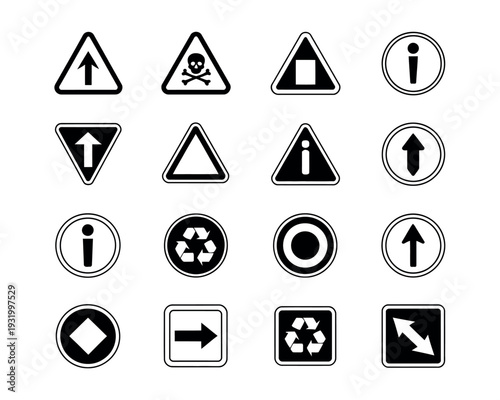 A collection of various road and warning signs on a white background