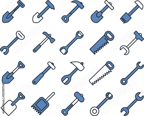 A collection of various tools on a white background for DIY and construction projects