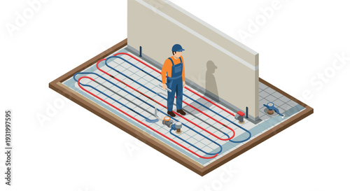 Isometric design of underfloor heating installation process by a worker
