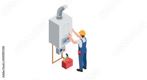 Engineer adjusting boiler system in isometric style for maintenance and repair concept