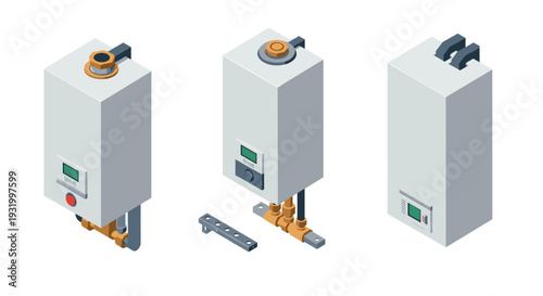 Isometric water heater collection: modern gas and electric boiler designs