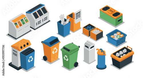 Isometric recycling and waste bins set for eco-friendly waste management