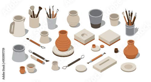 Ceramic pottery tools and vessels in modern isometric arrangement