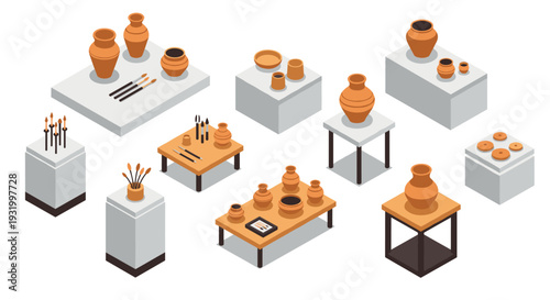Isometric pottery workshop with various ceramic items and tools
