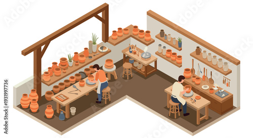 Isometric pottery workshop with artists crafting ceramics in cozy studio environment