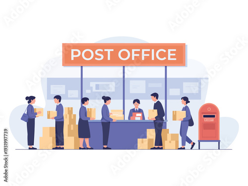 Customers queueing at busy post office counter.