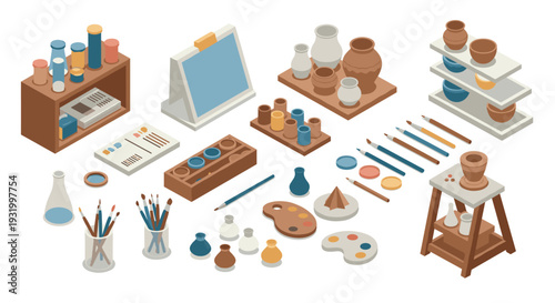 Artistic pottery workshop with paints and tools in isometric style on white background