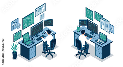 Tech office isometric setup with dual monitors and circuit design displays