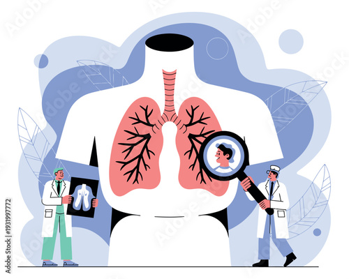 Medical professionals examining a human body with a focus on the lungs and respiratory system