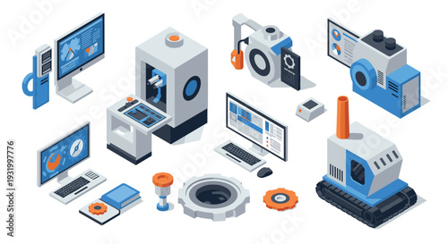Isometric technology equipment set with computers and industrial machines