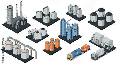 Isometric industrial tanks and trucks set with detailed factory elements