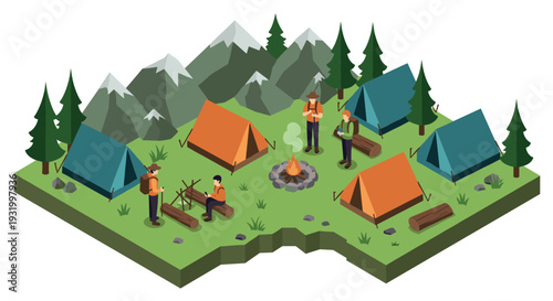 Isometric outdoor camping scene with tents, campfire, and hikers in forest landscape