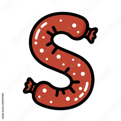 Sausage Letter S Illustration: Delicious Meat Alphabet for Gastronomy Projects, Food Designs & Culinary Concepts - Isolated on White, Funny Cartoon Style, Restaurant Menu Design, Butcher Shop Logo, BB
