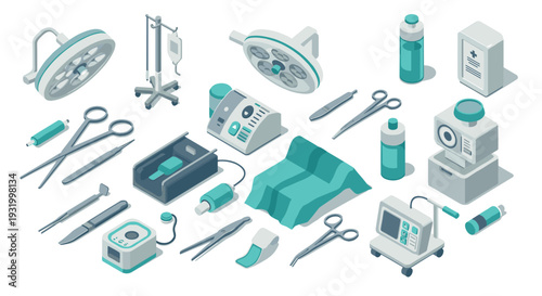 Isometric medical equipment icons for modern healthcare and hospital design