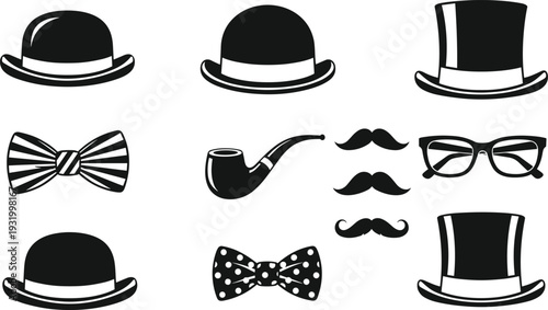 Vintage gentleman accessory set with black bowler hats, top hats, striped and polka dot bow ties, smoking pipe, moustaches, and glasses.