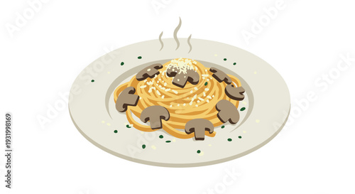 Mushroom pasta with parmesan on white plate with herbs