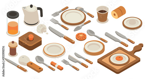 Modern isometric dining set with kitchen utensils and tableware for breakfast