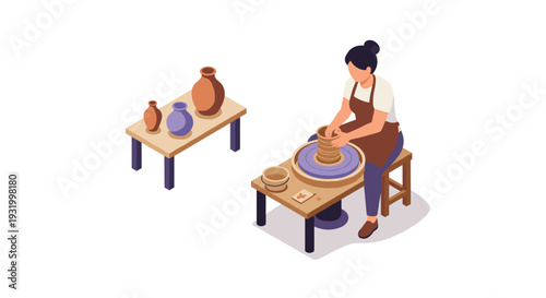Isometric clay pottery crafting: woman sculpting on pottery wheel in art studio