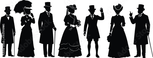 Victorian era silhouettes of elegant men and women in vintage fashion with top hats parasols canes and long dresses isolated