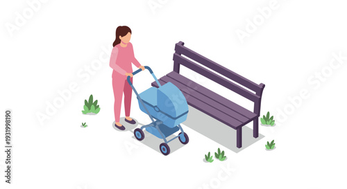 Mother walking with baby stroller in park near bench in isometric style