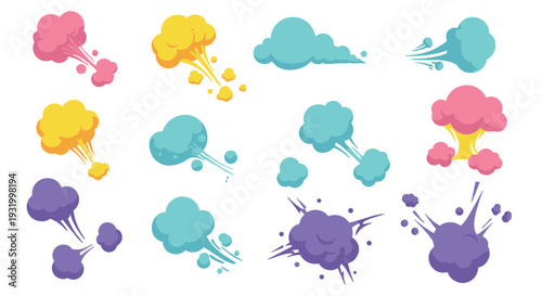 Colorful cartoon explosion clouds with dynamic shapes against white background