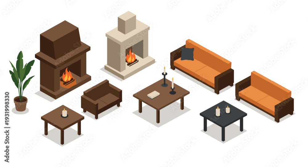 Naklejka premium Cozy isometric living room set with fireplaces and furniture elements