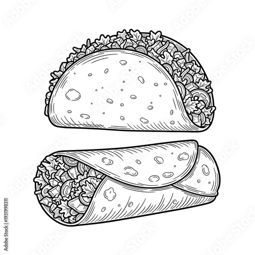 Detailed Taco and Burrito Duo: Classic Mexican Cuisine Line Art on White Backdrop - Delicious Culinary Illustration, Foodie Culture Element, Black and White Sketch, Hand-Drawn Meal Prep, Restaurant Me