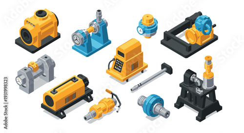 Industrial equipment collection with isometric design for engineering projects