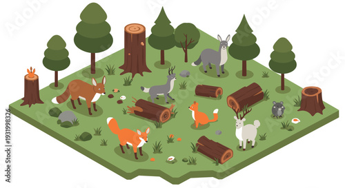 Isometric forest animals gathering with trees and stumps