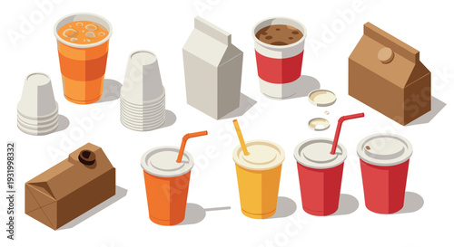 Assorted drink containers isometric design with beverage and carton packaging