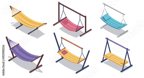 Isometric colorful hammock set on stands: variety of styles and colors