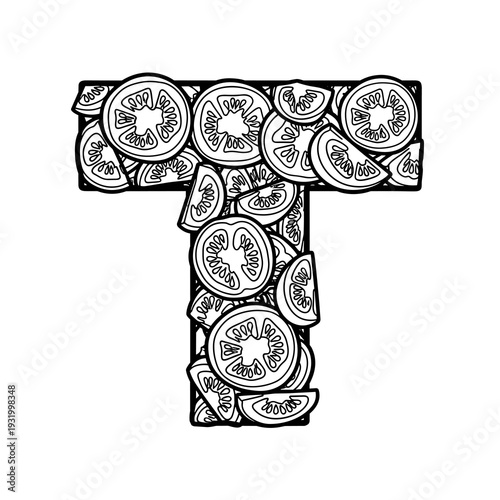 Tomato Typography Illustration: Drawing a Letter T Filled with Sliced Tomatoes for Recipe Book, Cookbook, Cookbook, or Grocery Logo Design, Representing Cooking, Vegetables, Healthy Eating Concept, Fo