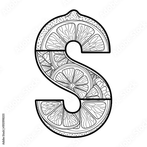 Letter S Citrus Fruit Illustration for Wellness Branding and Nutritional Education: Alphabet Shaped Lemon Slice Design with Detailed Line Art for Therapeutic Coloring Books, Vitamin Pack Graphics, and