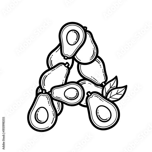 Letter A Composition from Fresh Avocados for Healthy Eating Lifestyle Concept, Dietary Wellbeing and Symmetrical Design, Vector Illustration in Black and White for Coloring Book, Educational Purpose,
