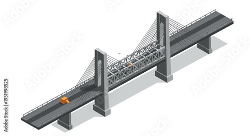 Isometric suspension bridge design with cable support and roadway details
