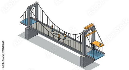 Isometric bridge construction scene with engineers and tools in action