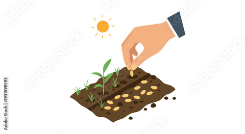Hand planting seeds and growing plants in soil with sun overhead in flat design