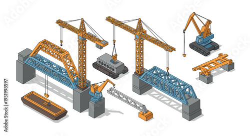 Construction site with cranes and machinery in isometric view