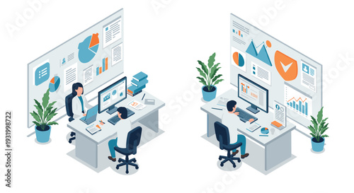 Isometric office workspace with charts and data analysis on screens