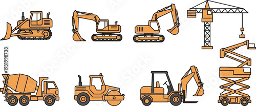 Collection of various heavy construction equipment and machinery vehicles used in industry sites