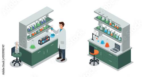 Isometric chemistry lab with scientist and equipment in modern laboratory setting