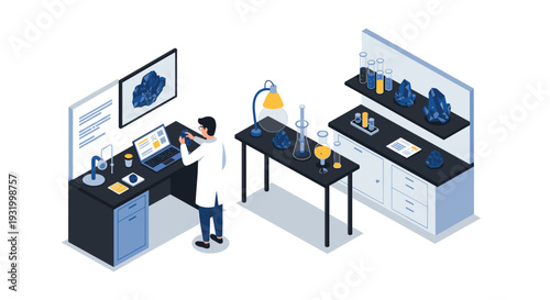 Scientist analyzing crystals in modern laboratory with advanced equipment and technology