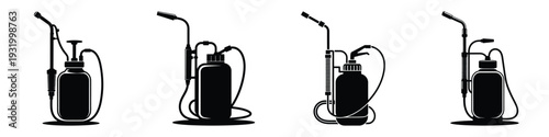 Set of Manual Backpack Sprayer Vector Icons - Hand Pump Agricultural Pressure Sprayer Silhouettes for Garden, Farm, Pest Control, and Chemical Fertilizer Application