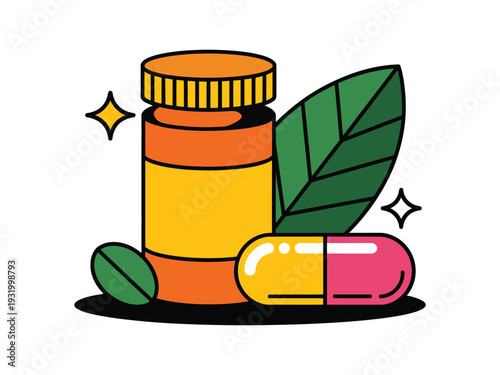Pill bottle, capsule, and leaf represent.
