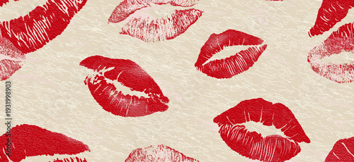 Red lipstick kiss marks covering a cream textured paper surface, creating a playful pattern. Red lipstick kiss marks seamless pattern on textured paper