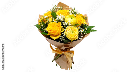 A vibrant bouquet of yellow roses and other flowers wrapped in brown paper